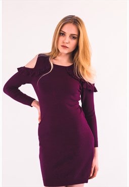 Cold Shoulder Knitted Bodycon Dress in Purple