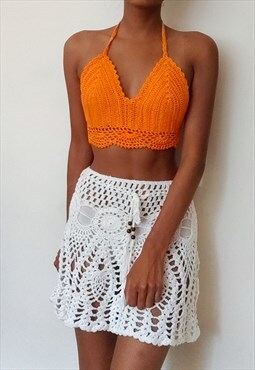 Orange and white crochet co-ord, skirt and floral bralet