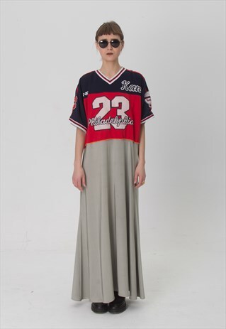 REWORKED MAXI SILVER BASKETBALL PHILADELPHIA DRESS WITH BELT