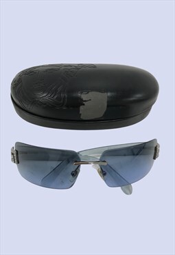 Designer Blue Rectangular Lens Rhinestone Sunglasses & Case