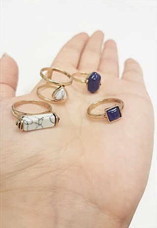 SILVER SET OF 4 GOLD MARBLE AND DEEP BLUE RINGS