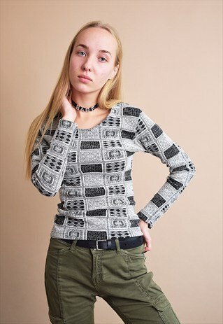 90'S RETRO KITSCH MONOCHROME CLOSE-FITTED TOP BLOUSE