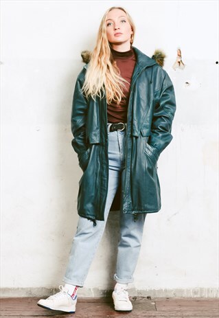 VINTAGE 90S TEAL BLUE LEATHER PARKA