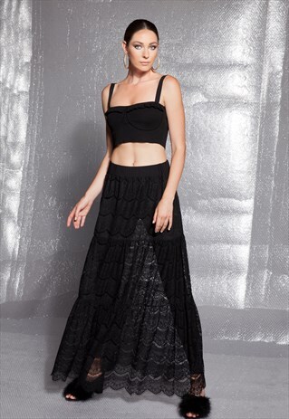 LACE SKIRT/ BLACK LACE CLOTHING/ BLACK MAXI SKIRT / LONG SKI