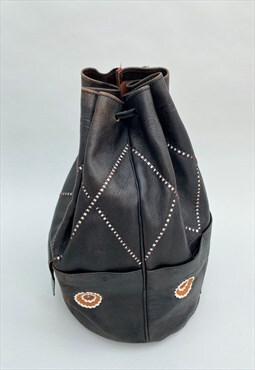 70's Black Vintage Leather Backpack Tooled Bag Rucksack