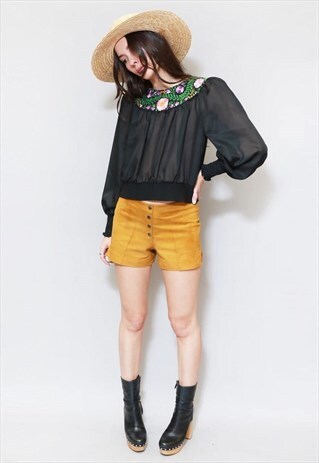 VINTAGE 1970'S BLACK EMBROIDERED FLORAL BOHO TOP