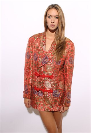 VINTAGE 1960'S 60'S RED METALLIC BROCADE SMOKING JACKET L-XL