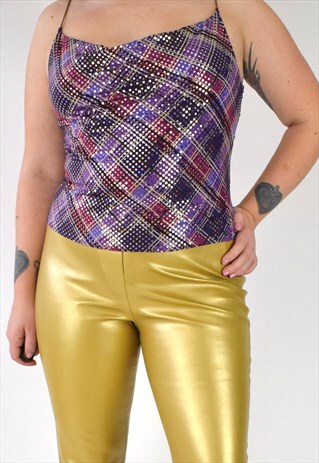 VINTAGE 90S Y2K COWL NECK CHECK PRINT CHAIN STRAP SEQUIN TOP