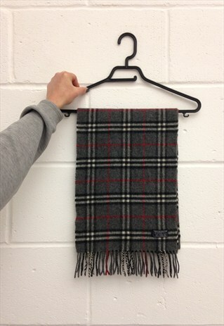 VINTAGE CLASSIC DARK GREY TARTAN BURBERRY VIRGIN WOOL SCARF