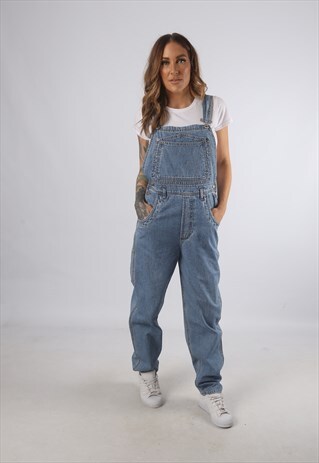 VINTAGE DENIM DUNGAREES WIDE TAPERED LEG UK S 10 (93J)