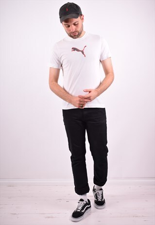 PUMA MENS VINTAGE T-SHIRT TOP MEDIUM WHITE 90'S
