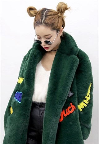 LONGLINE CHUNKY FAUX FUR COAT WITH PATCHES - GREEN