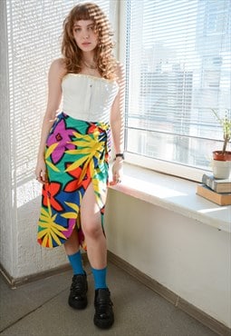 Vintage Multicolour Floral Print Wrap Style Cotton Skirt