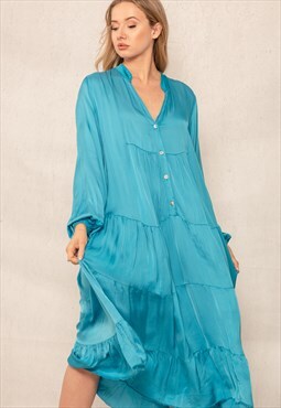 blue button front long sleeves maxi dress