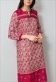 70'S VINTAGE INDIAN COTTON LONG SLEEVE MIDI DRESS RED