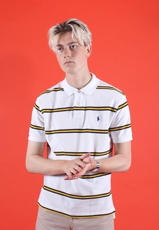RALPH LAUREN WHITE, YELLOW AND NAVY STRIPED POLO TEE