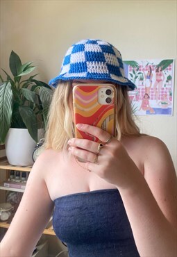 White and Blue Checkered Crochet Bucket Hat