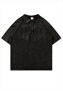 Black Washed Slogan Polo Neck Top Shirt Y2k