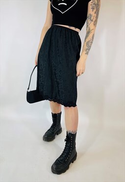 Vintage 90s 00s Y2K Grunge Satin Black Floral Midi Skirt