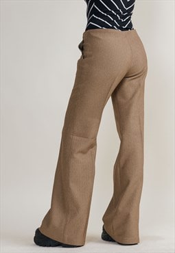 Vintage 90s Brown Wide Leg Front Pleat Women Trousers L