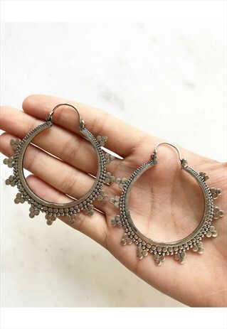 BOHEMIAN SILVER METAL LARGE HOOP EARRINGS
