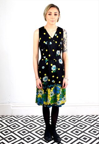 VINTAGE 60'S AMERICAN BLACK FLORAL SPOT PRINT MIDI DRESS