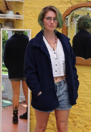 VINTAGE 90'S BLUE FLEECE TEDDY BEAR JACKET SIZE MEDIUM