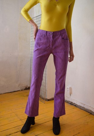 VIOLET SNAKESKIN HIGH WAISTED FLARE PANTS