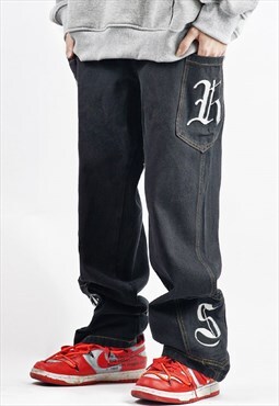 Gangster jeans letters patch denim wide pants in black