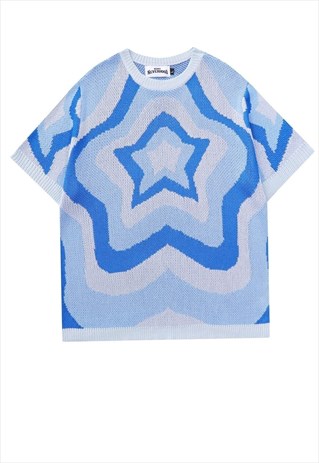 KNITTED T-SHIRT STAR PATTERN TEE FLUFFY GRUNGE TOP IN BLUE