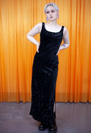 VINTAGE 90S MAXI DRESS BLACK VELVET STRAPPY TIGER ANIMAL