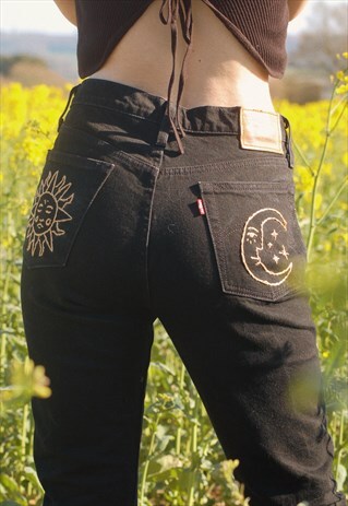 BLACK LEVIS JEANS WITH HAND EMBROIDERED CELESTIAL POCKETS