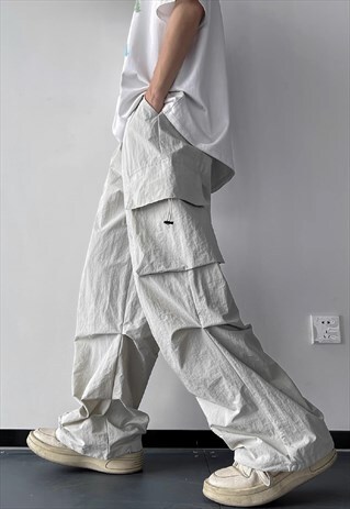 PARACHUTE JOGGERS BALLOON PANTS WIDE SKATER TROUSERS GREY