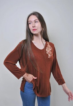 Vintage pullover brown blouse, flowers embroidery shirt