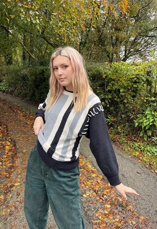 VINTAGE CHUNKY KNITTED STITCH DETAIL STRIPE JUMPER