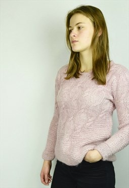 VINTAGE Handmade Wool Sweater Pink Cable Chunky Knitted