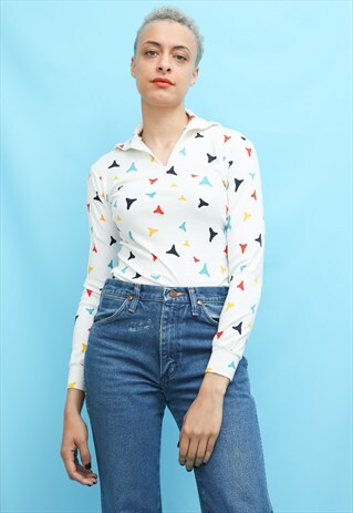 80S VINTAGE WHITE PATTERNED SKI TOP
