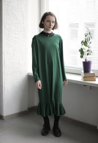 VINTAGE 60'S GREEN MIDI POLKA DOT HIGH COLLAR DRESS