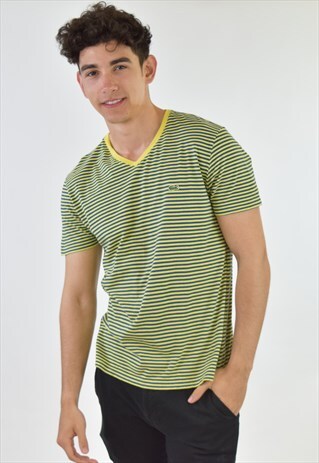 VINTAGE 90S BLUE YELLOW STRIPED LACOSTE V NECK T SHIRT