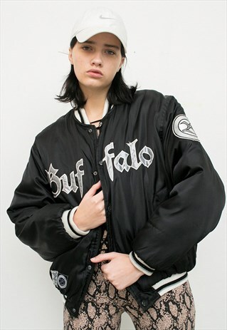 VINTAGE BUFFALO JACKET BOMBER BLACK 90S BOMBER ZIP UP WOMEN
