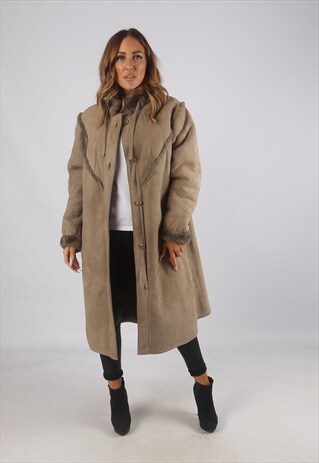 VINTAGE SHEEPSKIN SUEDE SHEARLING COAT MID LONG UK 18 (C9AF)
