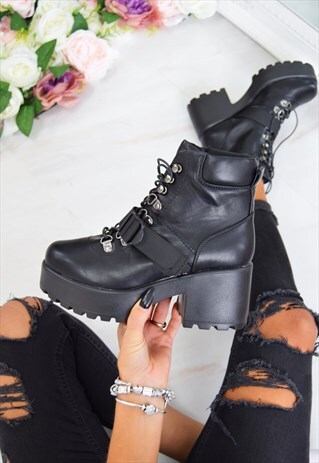 CHUNKY PLATFORM LACE UP BIKER BOOTS - BLACK