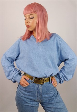 OLYMP VINTAGE 90'S COTTON KNIT UNISEX V-NECK SWEATER BLUE