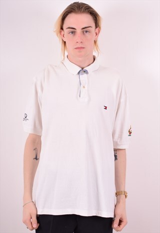TOMMY HILFIGER MENS VINTAGE POLO SHIRT XL WHITE 90S