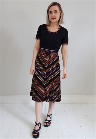 VINTAGE 70'S BLACK PRIMARY COLOUR STRIPE MIDI DRESS
