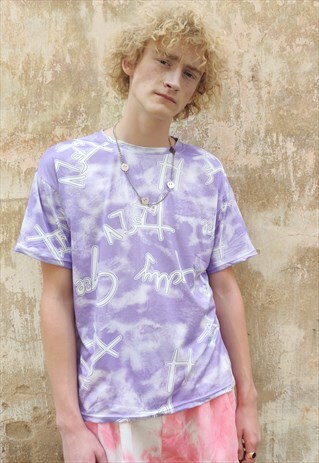 GRAFFITI PRINT T-SHIRT MULTI SLOGAN TEE IN PURPLE