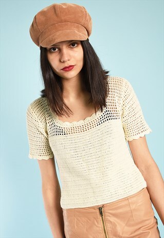 70'S RETRO OFF-WHITE CROCHET KNIT FESTIVAL BOHO TOP BLOUSE