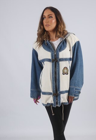 VINTAGE DENIM JACKET BOMBER OVERSIZED HOODED UK 14 (DKBK)