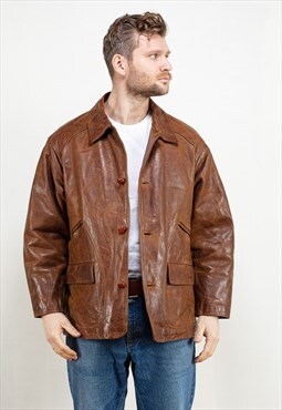 Vintage 80s Men Distressed Leather Jacket in Brown