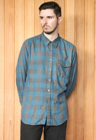 VINTAGE BLUE AND GREY CHECKED FLANNEL SHIRT